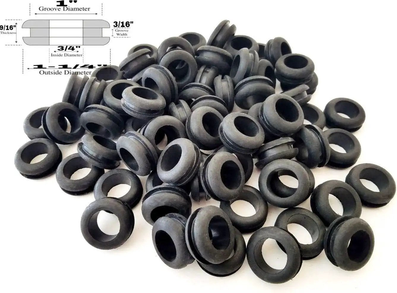 Keep cables safe and organized with this 25-pack of 3/4 inch inside diameter rubber grommets with a 3/16 inch groove designed for 1 inch holes