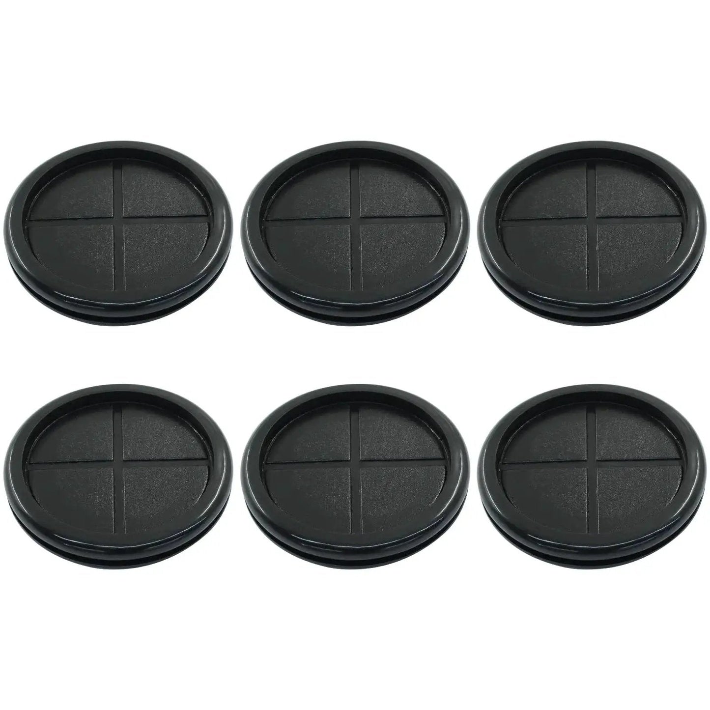 Set of six black rubber grommets for wiring 2-1/8 inch ID, 2-1/2 inch drill hole, for automotive enclosures and metal electrical boxes.