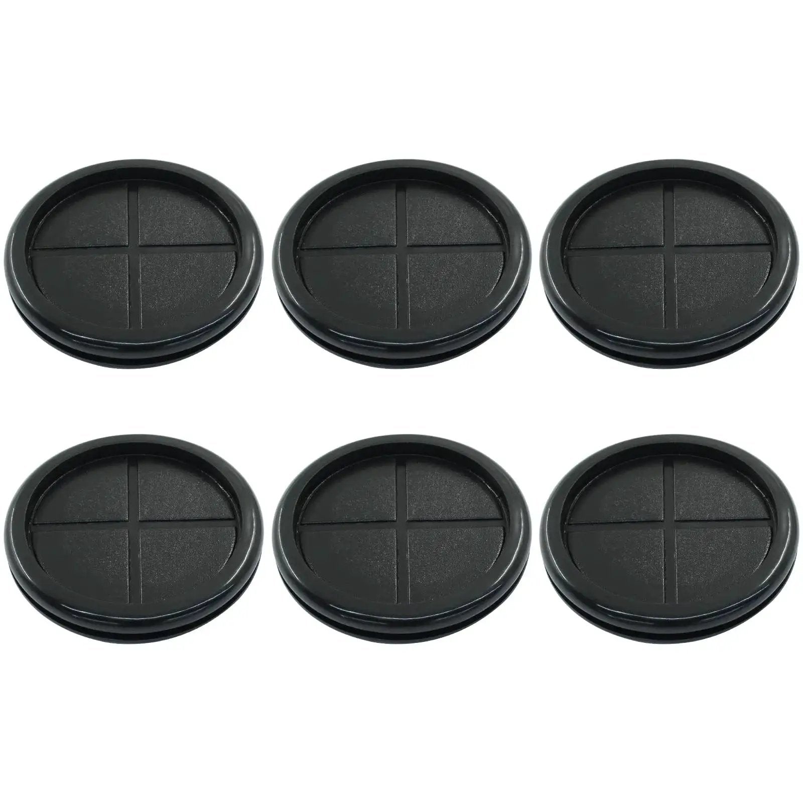 Set of six black rubber grommets for wiring 2-1/8 inch ID, 2-1/2 inch drill hole, for automotive enclosures and metal electrical boxes.