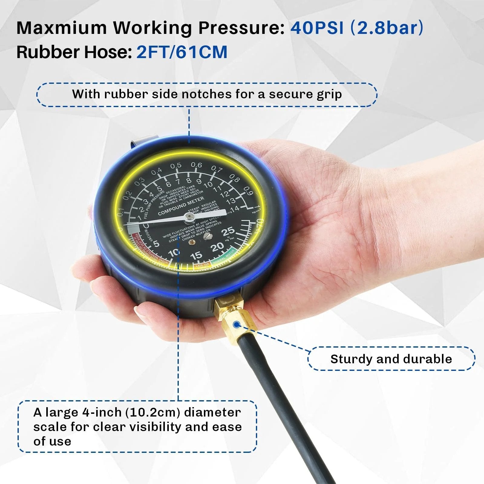 All In One Fuel Pump And Vacuum Tester Gauge Kit For Cars And Engines, Four In One Tests Include Fuel Pump Pressure, Fuel Pump Vacuum, Carburetor Intake Manifold, And Overall Vacuum System, Red, showing a hand holding the gauge.