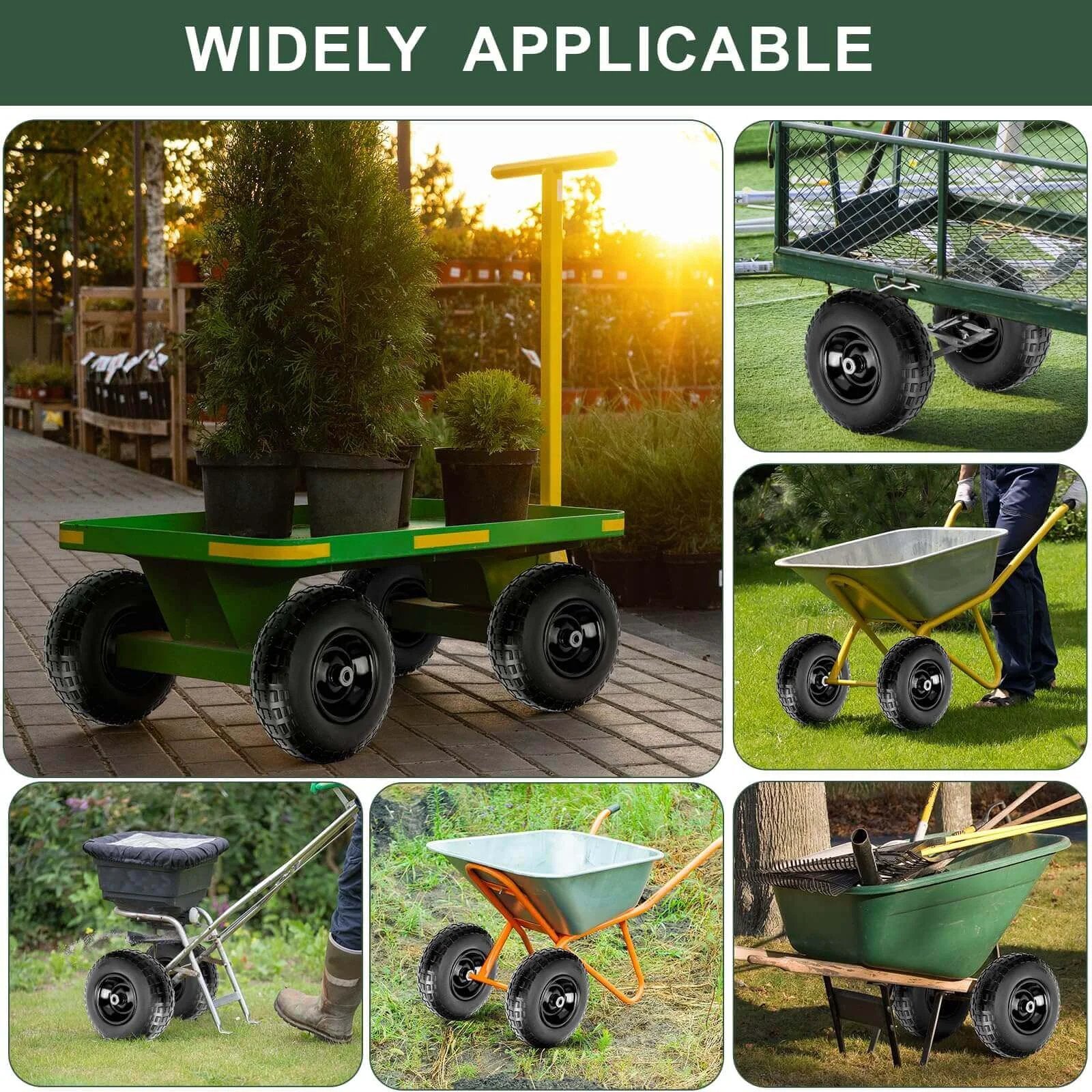 1 PC 13 Inch Rubber Solid Flat Free Replacement Tires and Wheels 4.00-6 with 5/8'' Axle Bore Hole on various garden equipment