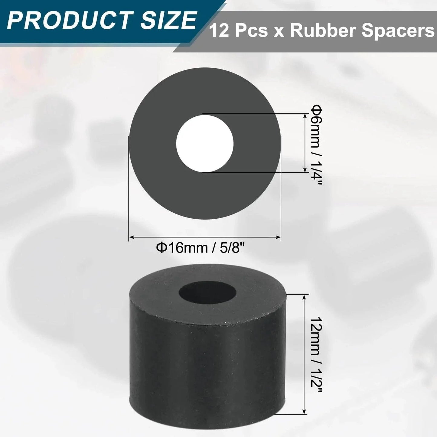 Diagram of 12 Pcs Thick Rubber Spacers Five Eighths Inch Outer Diameter One Quarter Inch Inner Diameter One Half Inch Thickness