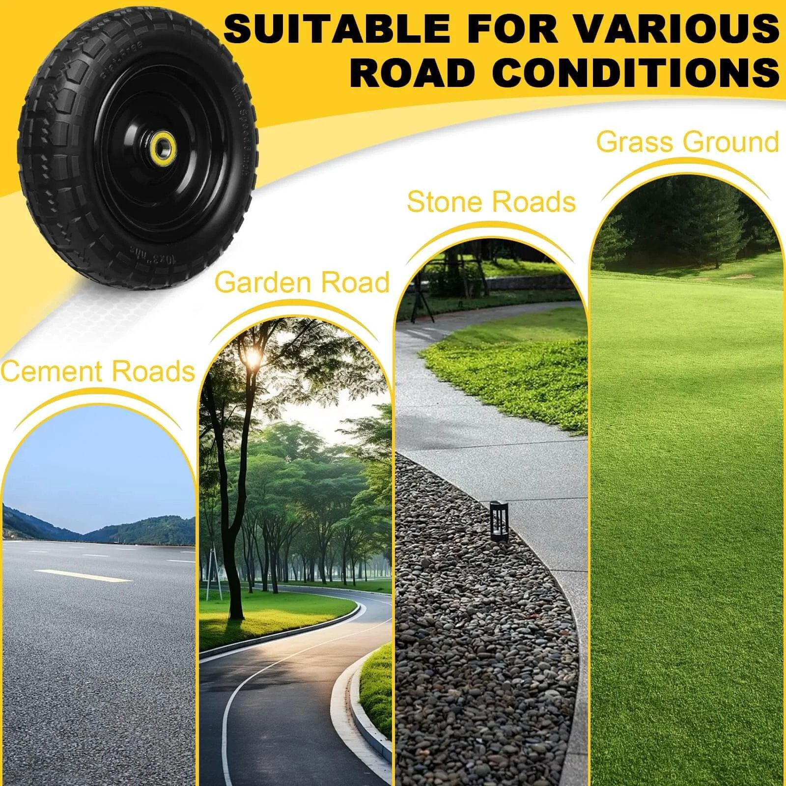 13 inch solid rubber tires, 4.00-6 flat free with 5/8" bearings shown for various road conditions including garden, stone, and grass roads