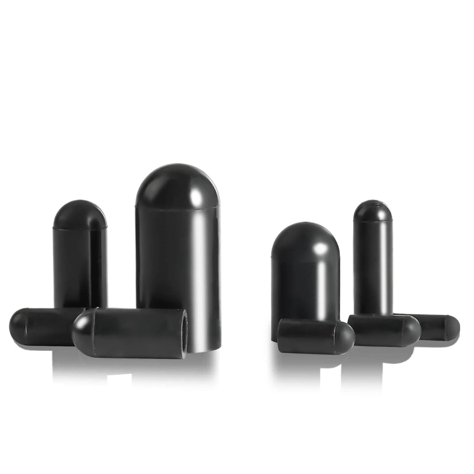 Assorted black rubber vacuum caps from the 108 Piece Rubber Vacuum Cap Set With Assorted Plugs For Carburetor Manifold And Automotive Hoses End Caps.