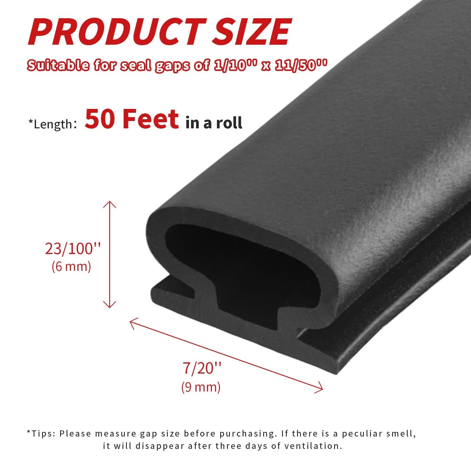 Heavy Duty D Shape Rubber Door Weather Stripping Seal For Large Gaps Self Adhesive Backing 50 Feet close-up showing dimensions and profile
