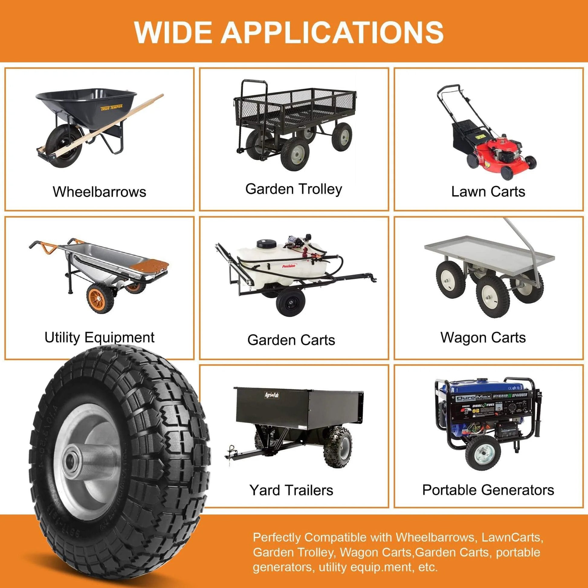 Illustration of 10 Inch 4.10/3.50-4 Flat Free Solid Rubber Wheels 4 Pack and compatible equipment like wheelbarrows and garden carts.