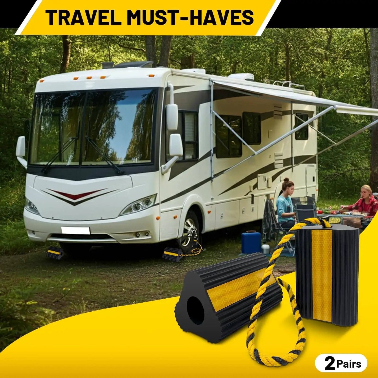 Heavy Duty Rubber Wheel Chocks Four Pack With Rope for RV trailer with three reflective strips, parked in campground