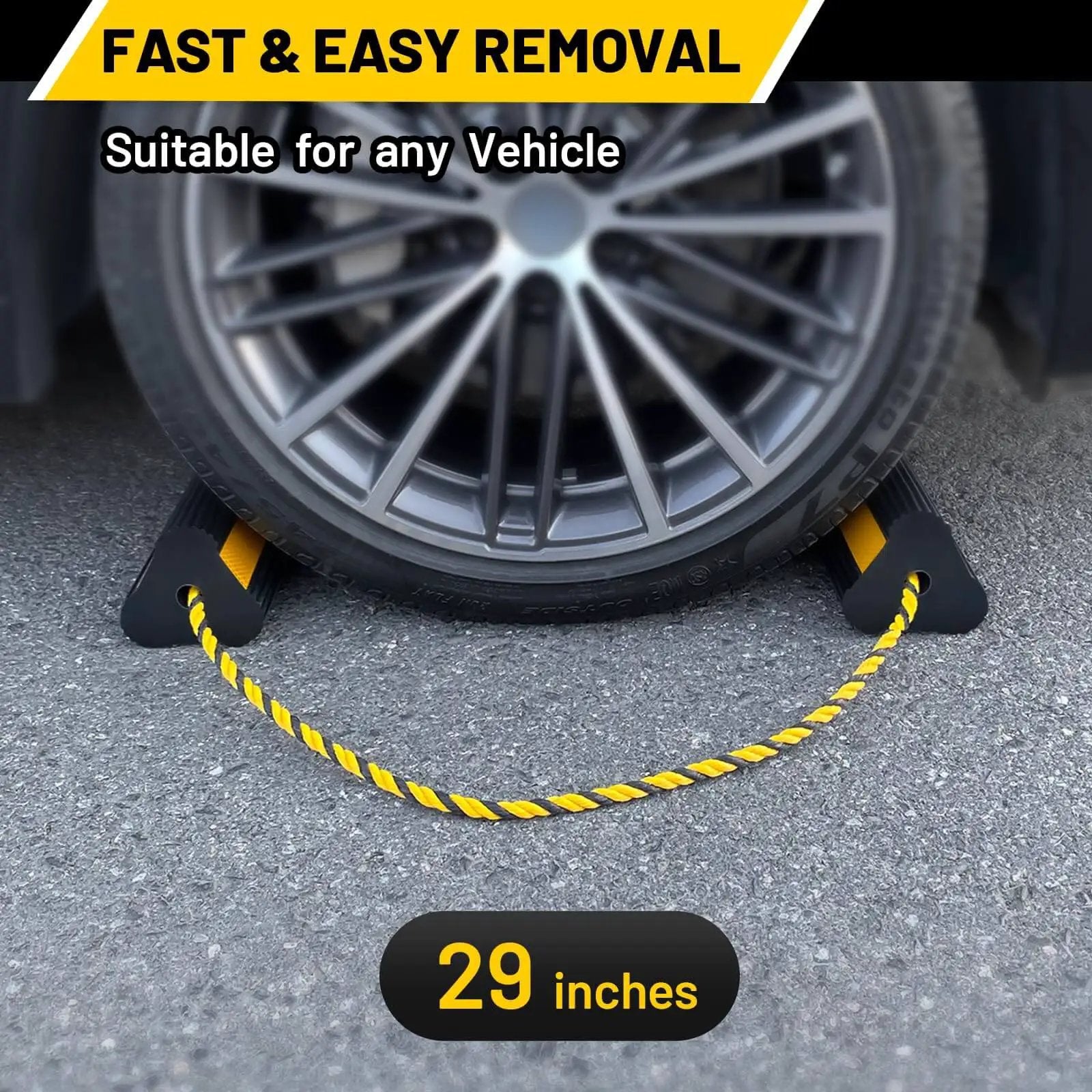 Heavy Duty Rubber Wheel Chocks Four Pack With Rope For RV Trailer Camper Truck Car Aircraft Anti Roll Traction Blocks With Three Reflective Strips Durable Tire Immobilizers For Safe Parking And Prevent Rolling shown in use with vehicle wheel on pavement