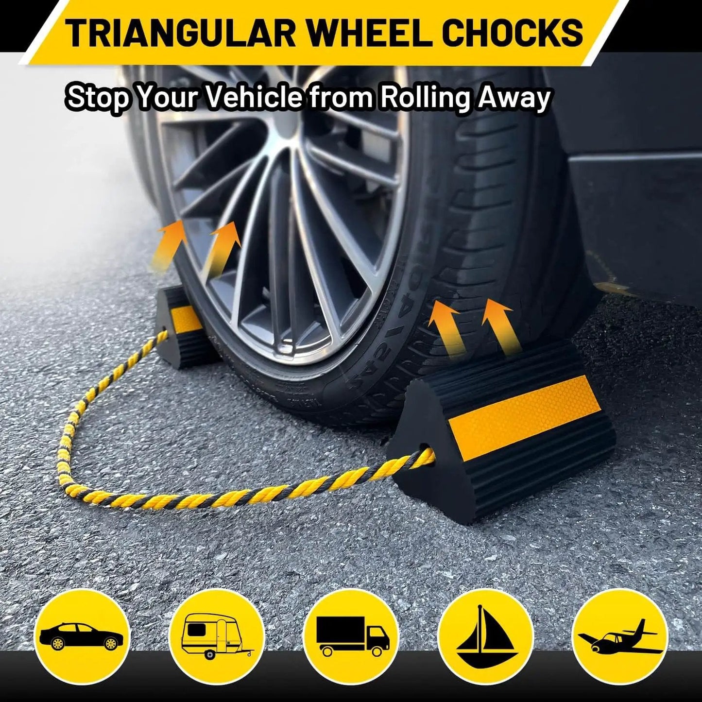 Heavy Duty Rubber Wheel Chocks Four Pack With Rope For RV Trailer Camper Truck Car Aircraft Anti Roll Traction Blocks With Three Reflective Strips Durable Tire Immobilizers For Safe Parking And Prevent Rolling shown supporting a car tire.