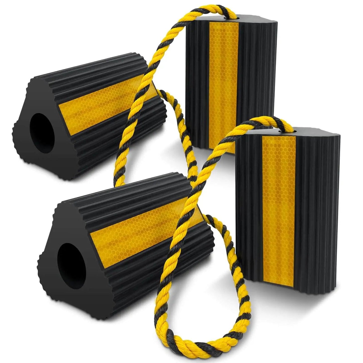 Heavy Duty Rubber Wheel Chocks Four Pack With Rope For RV Trailer Camper Truck Car Aircraft Anti Roll Traction Blocks With Three Reflective Strips