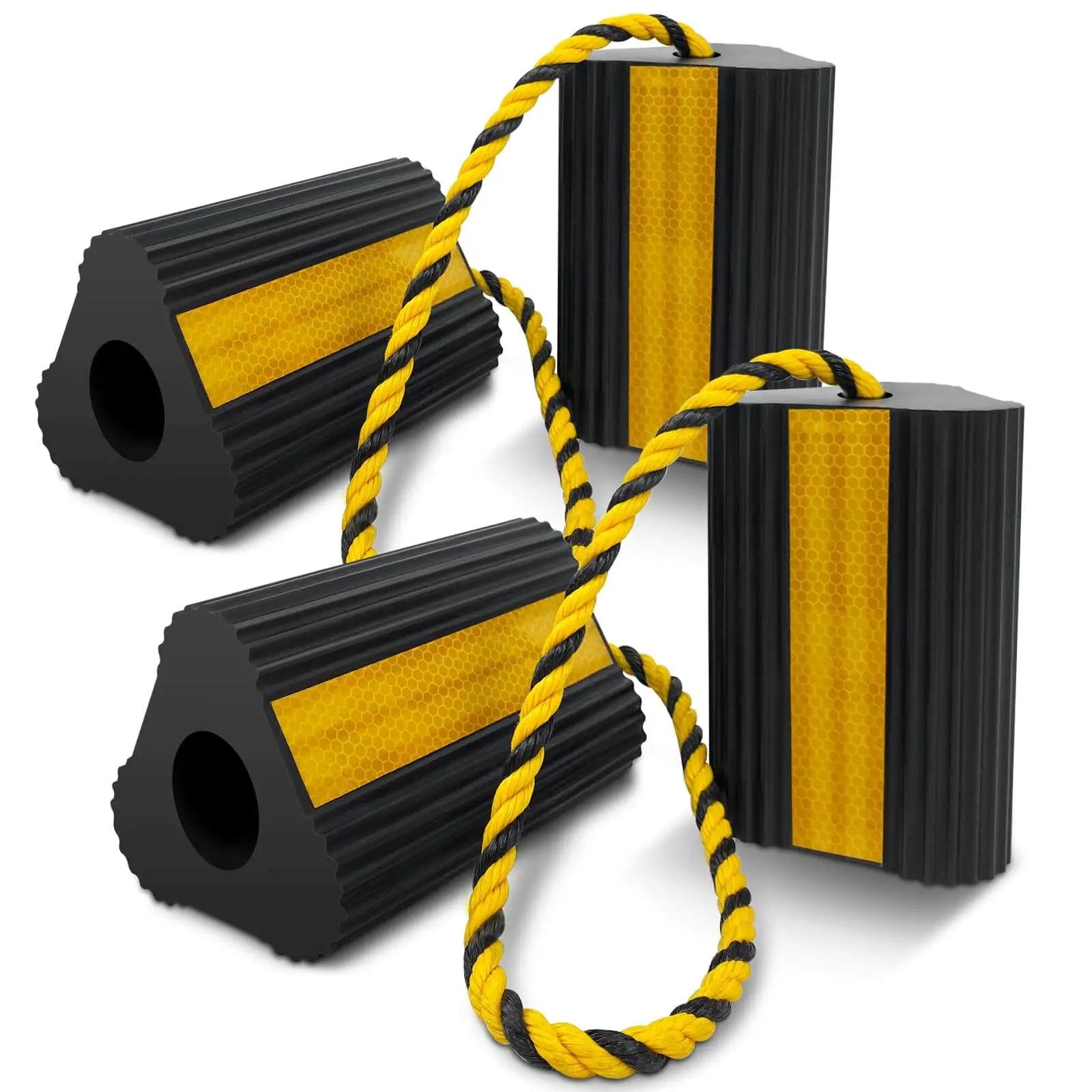 Heavy Duty Rubber Wheel Chocks Four Pack With Rope For RV Trailer Camper Truck Car Aircraft Anti Roll Traction Blocks With Three Reflective Strips