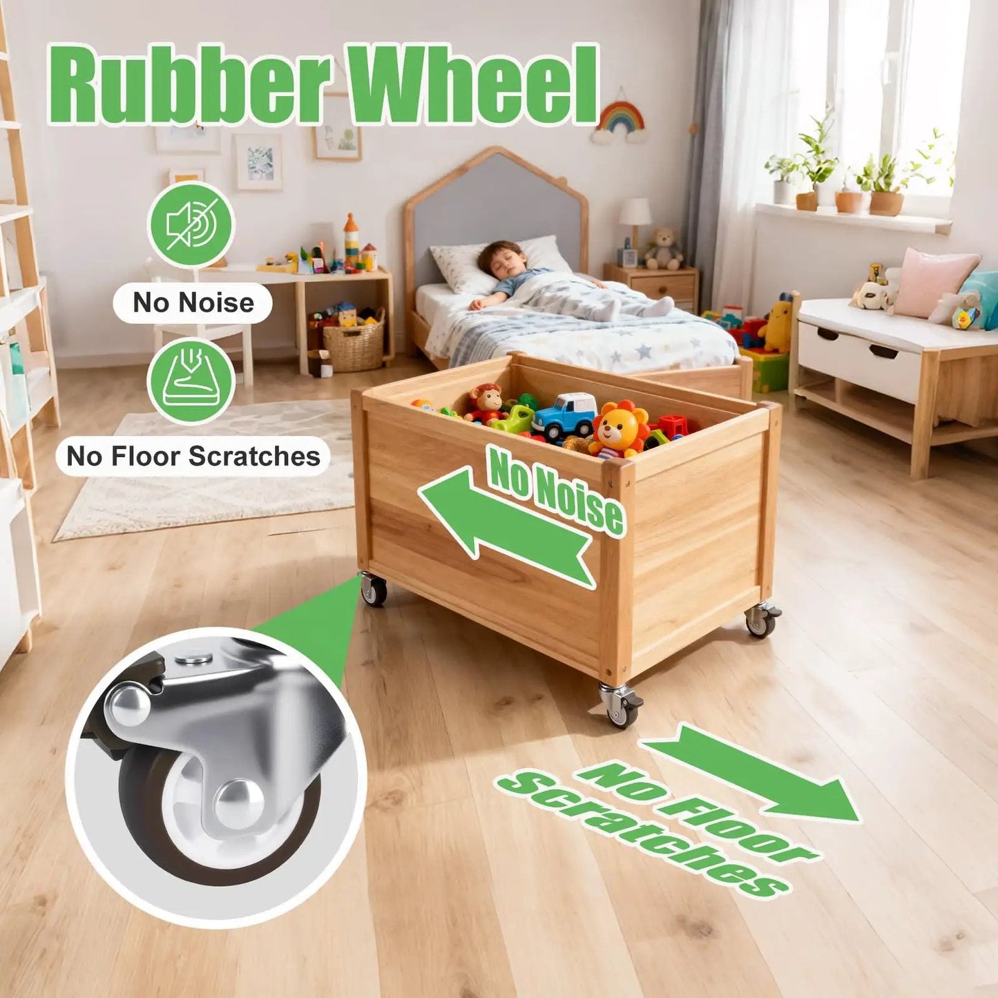 1.5 Inch Stem Casters Set of 4 With Brakes shown on a wooden toy box in child's bedroom, illustrating floor protection and quiet movement