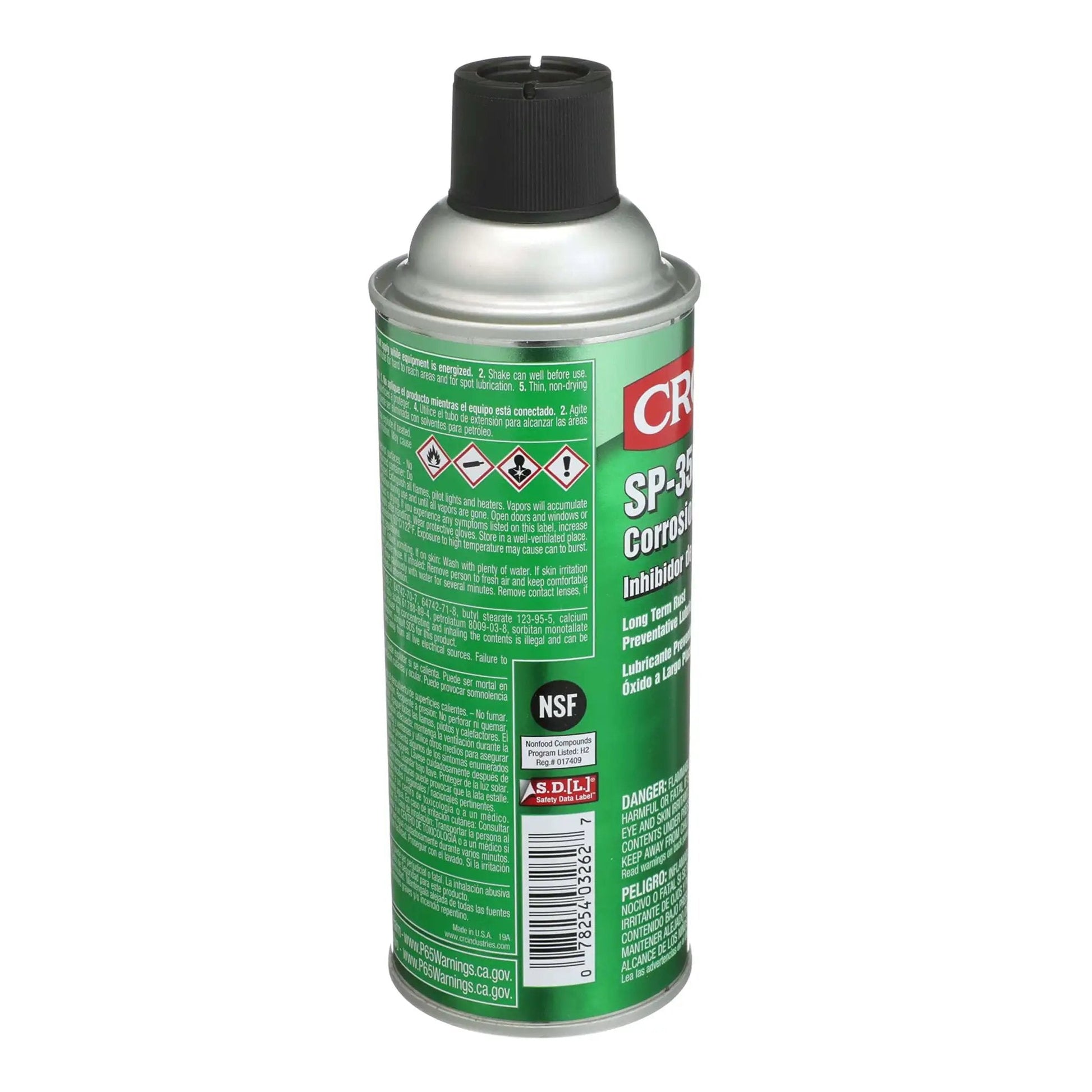 CRC 10 oz SP 350 Corrosion Inhibitor aerosol, back view showcasing label details, Long Lasting Rust Prevention Aerosol Lubricant For Indoor Use.