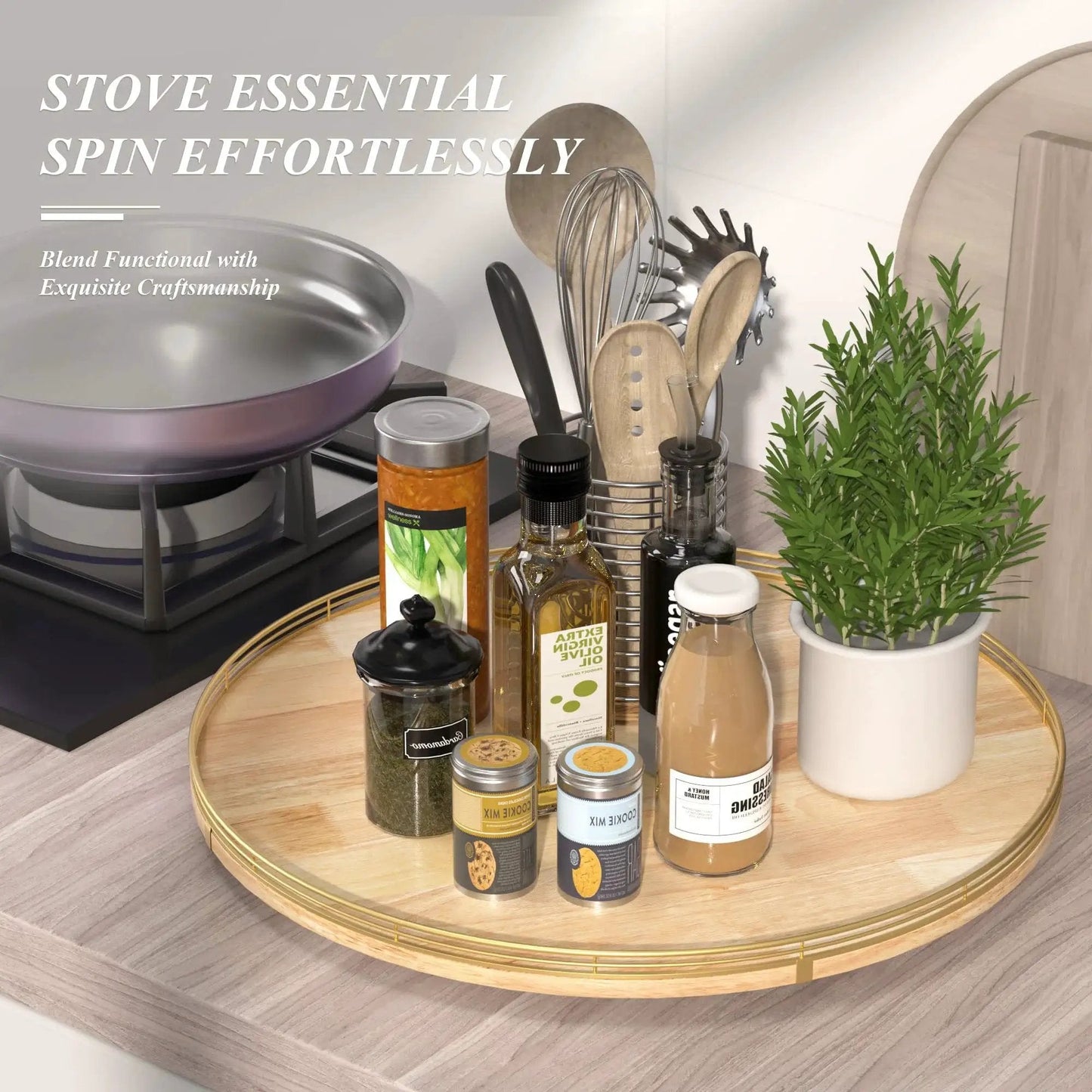 Extra Large 24 Inch Lazy Susan Turntable With Solid Oak Wood And Iron Rustic Farmhouse Style Rotating Tray holding spices and plants