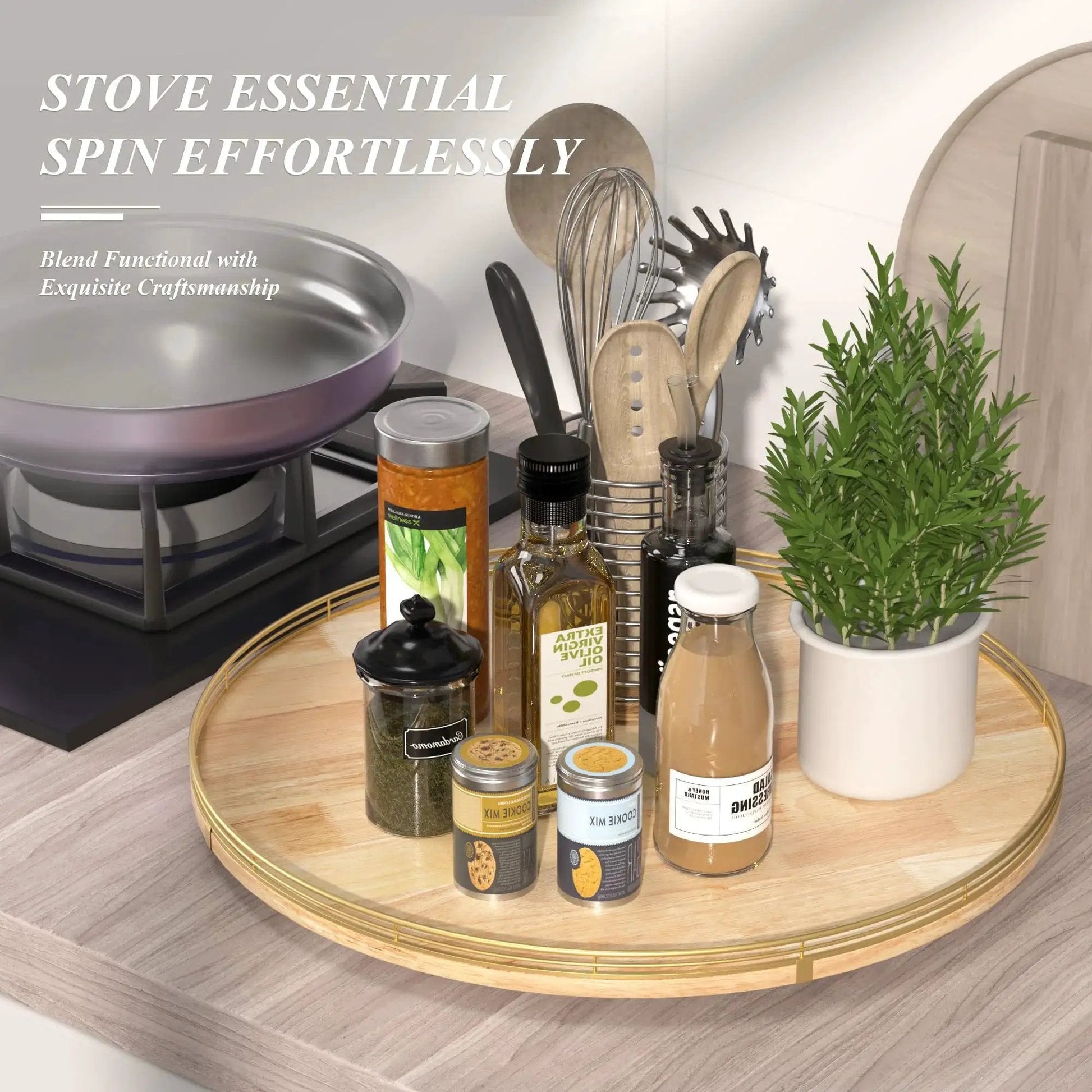 Extra Large 24 Inch Lazy Susan Turntable With Solid Oak Wood And Iron Rustic Farmhouse Style Rotating Tray holding spices and plants