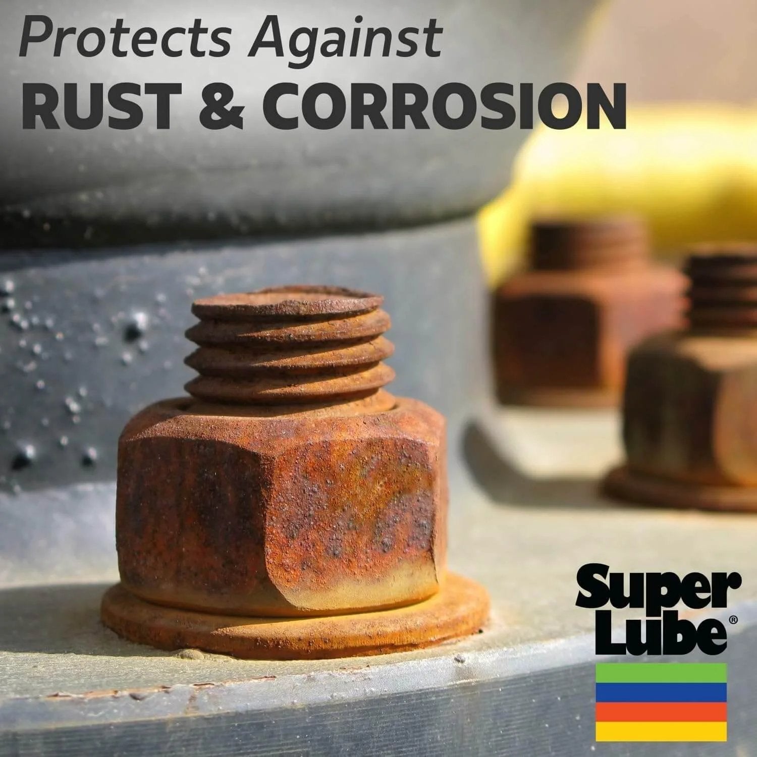 Rusty bolts on metal surface, highlighting Super Lube's protection against rust and corrosion, with logo in the corner.