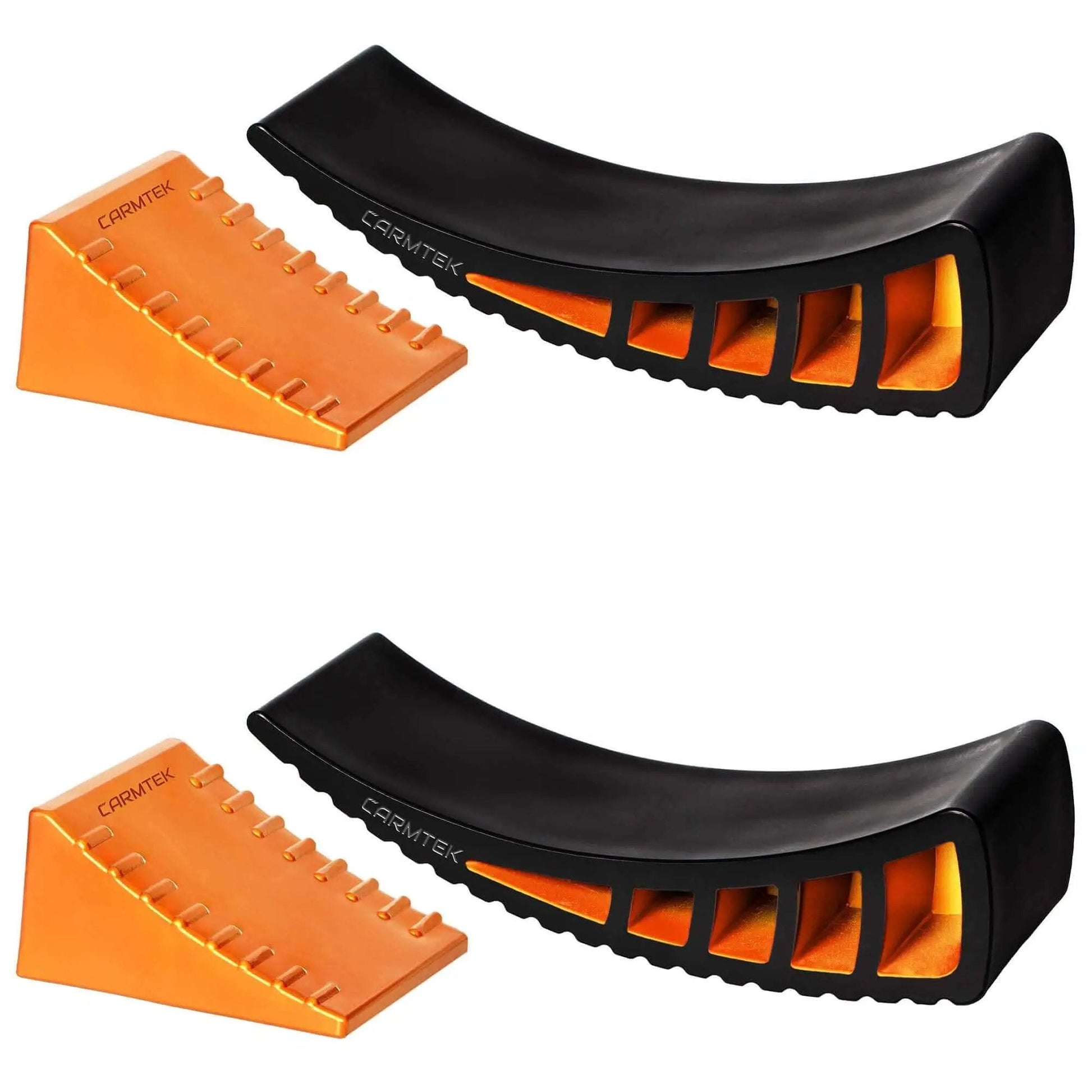 Camper Leveler 2 Pack Kit With Curved RV Levelers And Trailer Wheel Chocks For Dual Axle Trailers, black and orange set