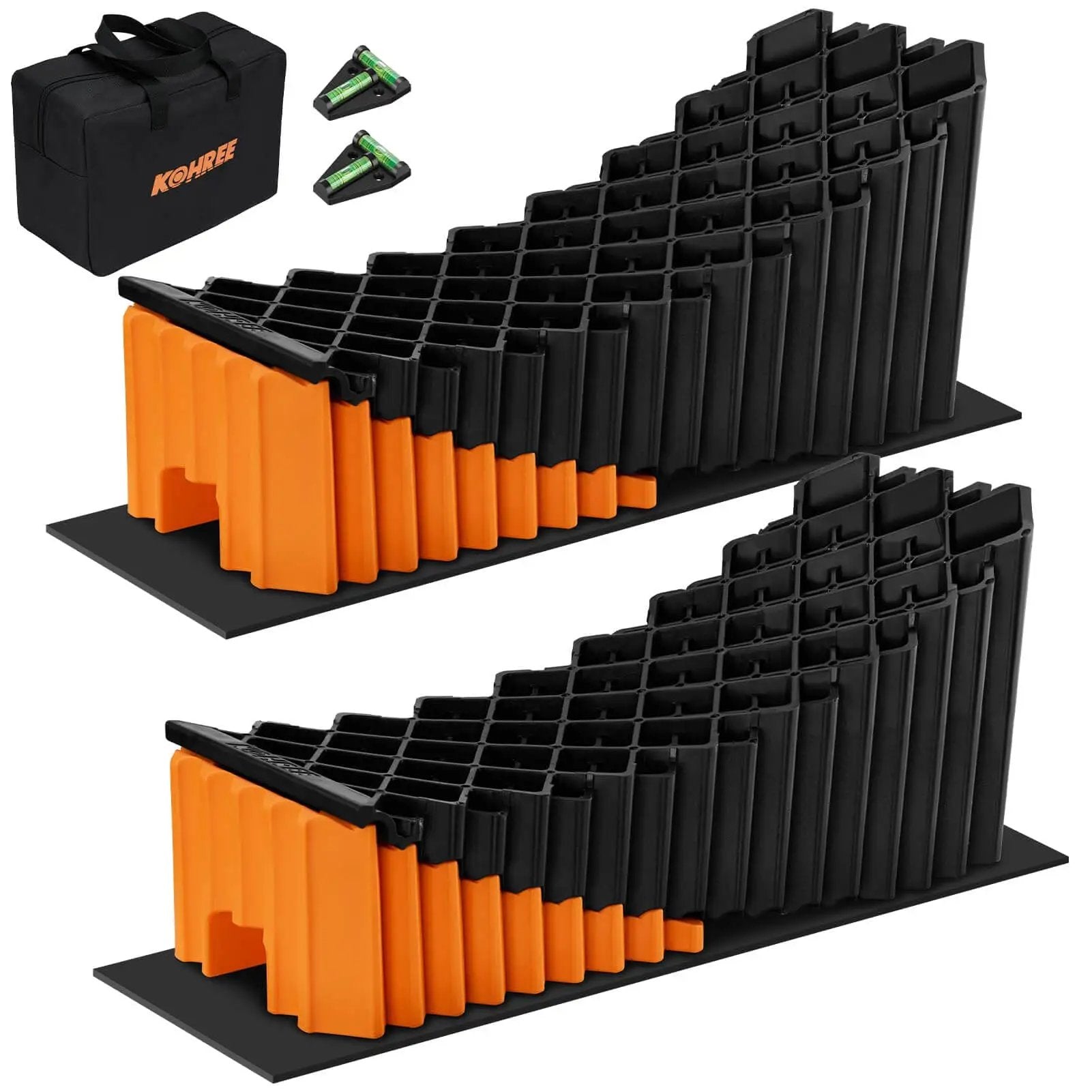 Heavy Duty RV Leveling Blocks Five Inch For Trailers Up To Fifty Thousand Pounds With Curved Camper Levelers Anti Slip Joint System Wheel Chocks Rubber Mats And Carry Bag Orange, front view.