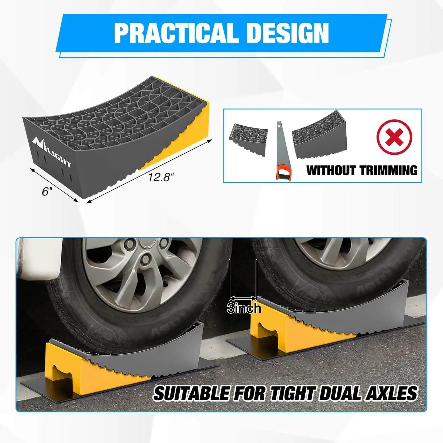RV Leveling Blocks 2 Pack For Travel Trailers And Motorhomes By Nilight showing dimensions and dual axle fit