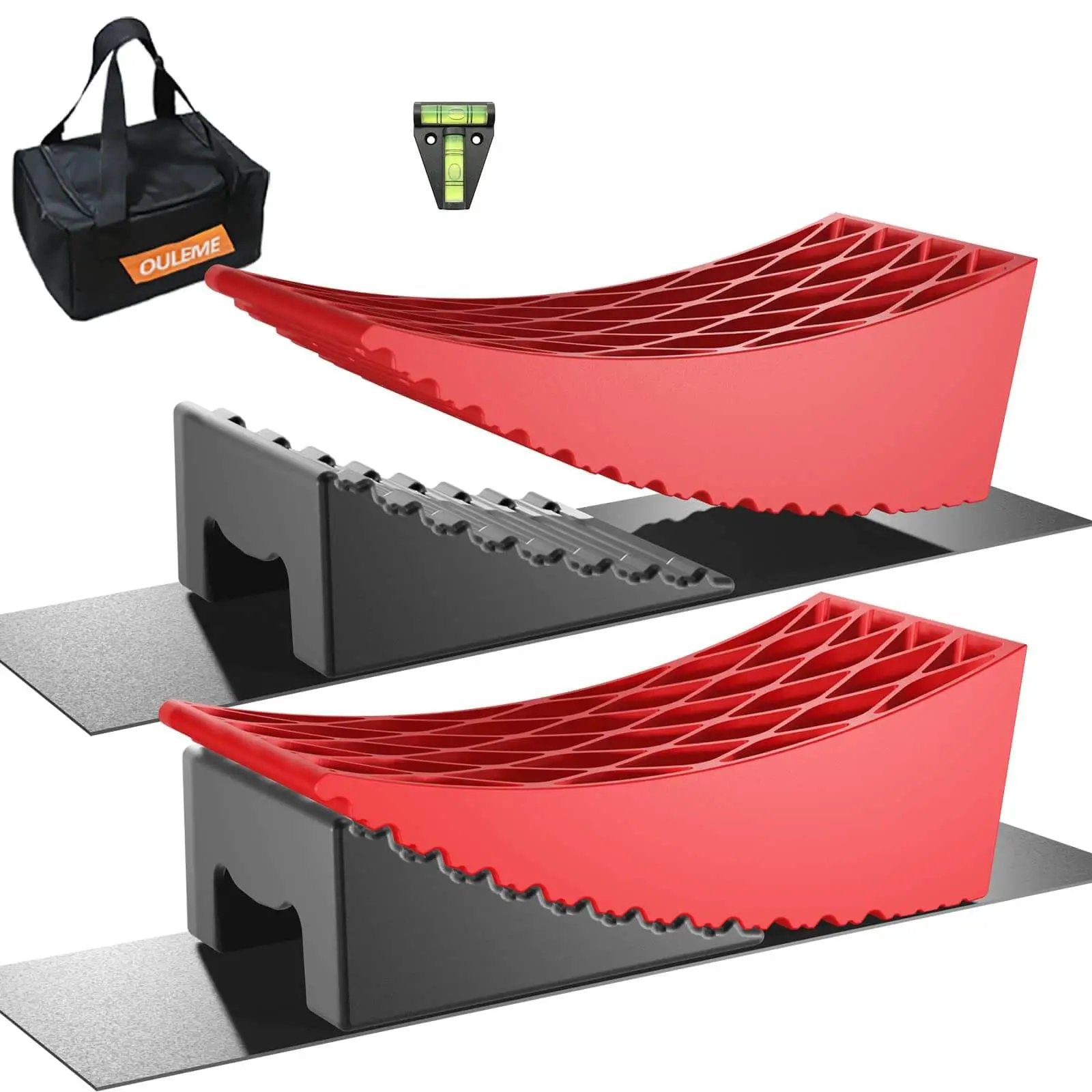 Heavy Duty RV Leveling Blocks Kit For Dual Axle Trailers And Motorhomes, HDPE With Non Slip Gear Mesh, includes ramps and chocks