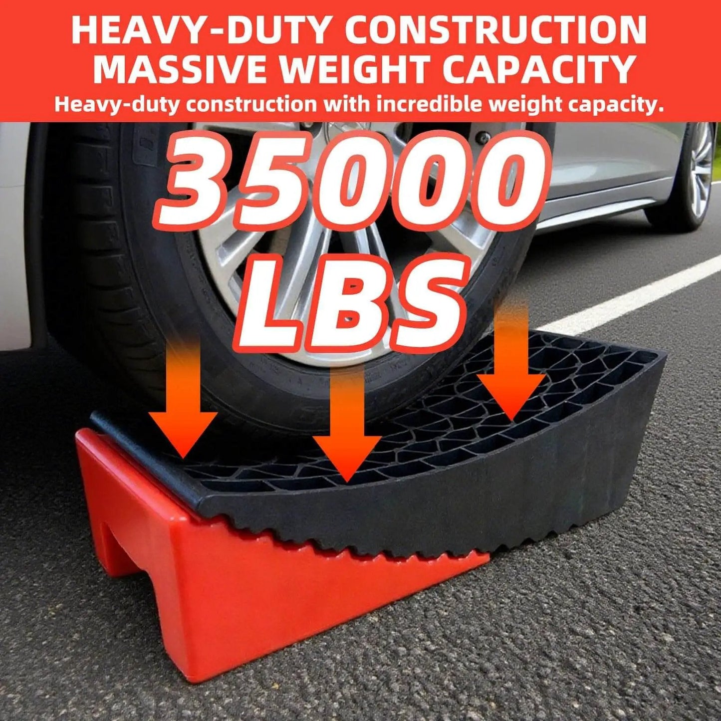 Car wheel on RV Leveling Blocks Ramp Kit 2 Pack Heavy Duty Camper Leveler Chocks Kit With 35,000 Lbs Capacity showing durability