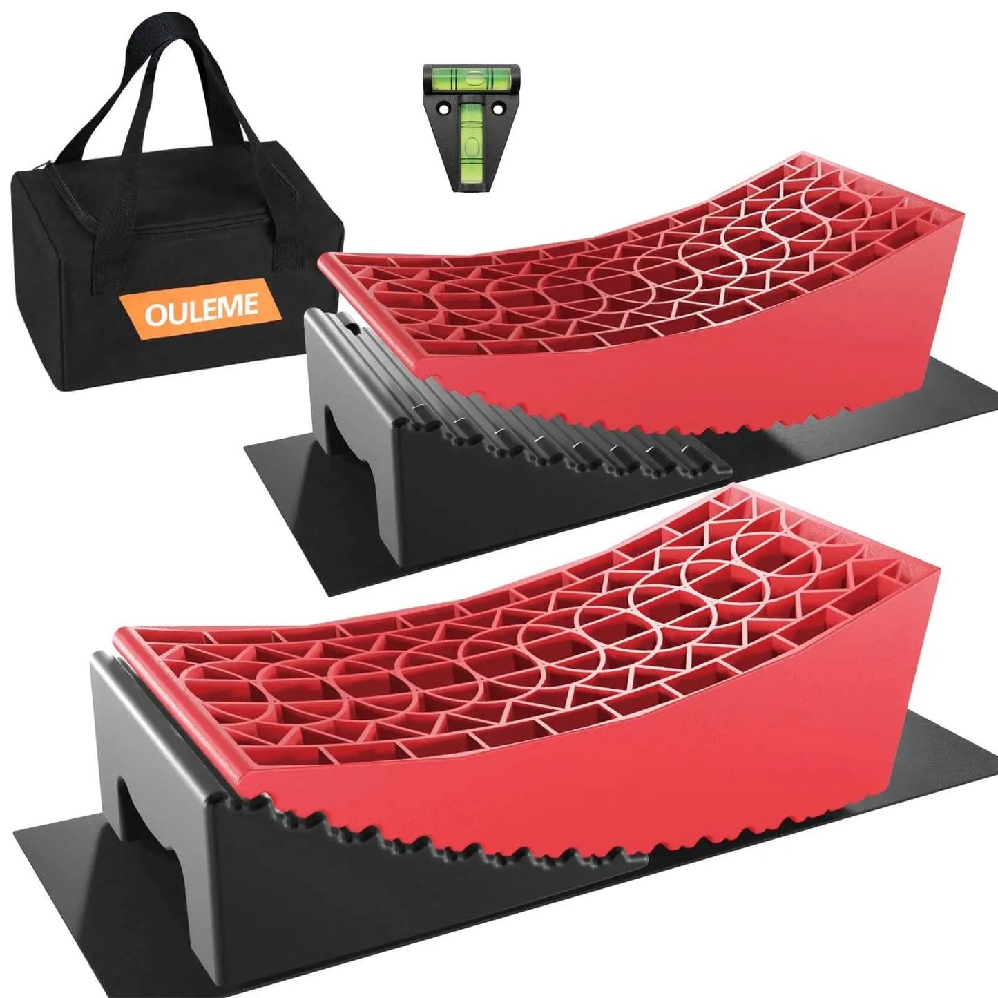 RV Leveling Blocks Kit for Dual Axle Travel Trailer With Ramp Chocks Rubber Mats Bubble Level and Carry Bag Heavy Duty HDPE Non Slip System Adjustable From One Half Inch To Four Inches In Minutes By OULEME