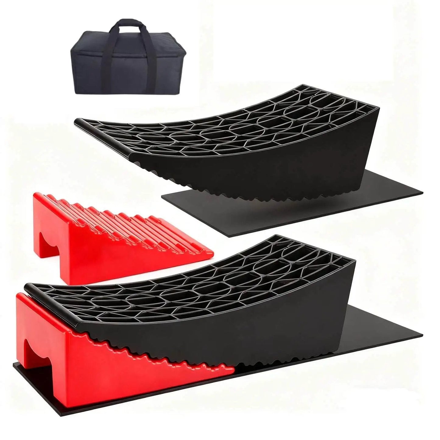 RV Leveling Blocks Ramp Kit 2 Pack Heavy Duty Camper Leveler Chocks Kit With 35,000 Lbs Capacity displayed with carry bag