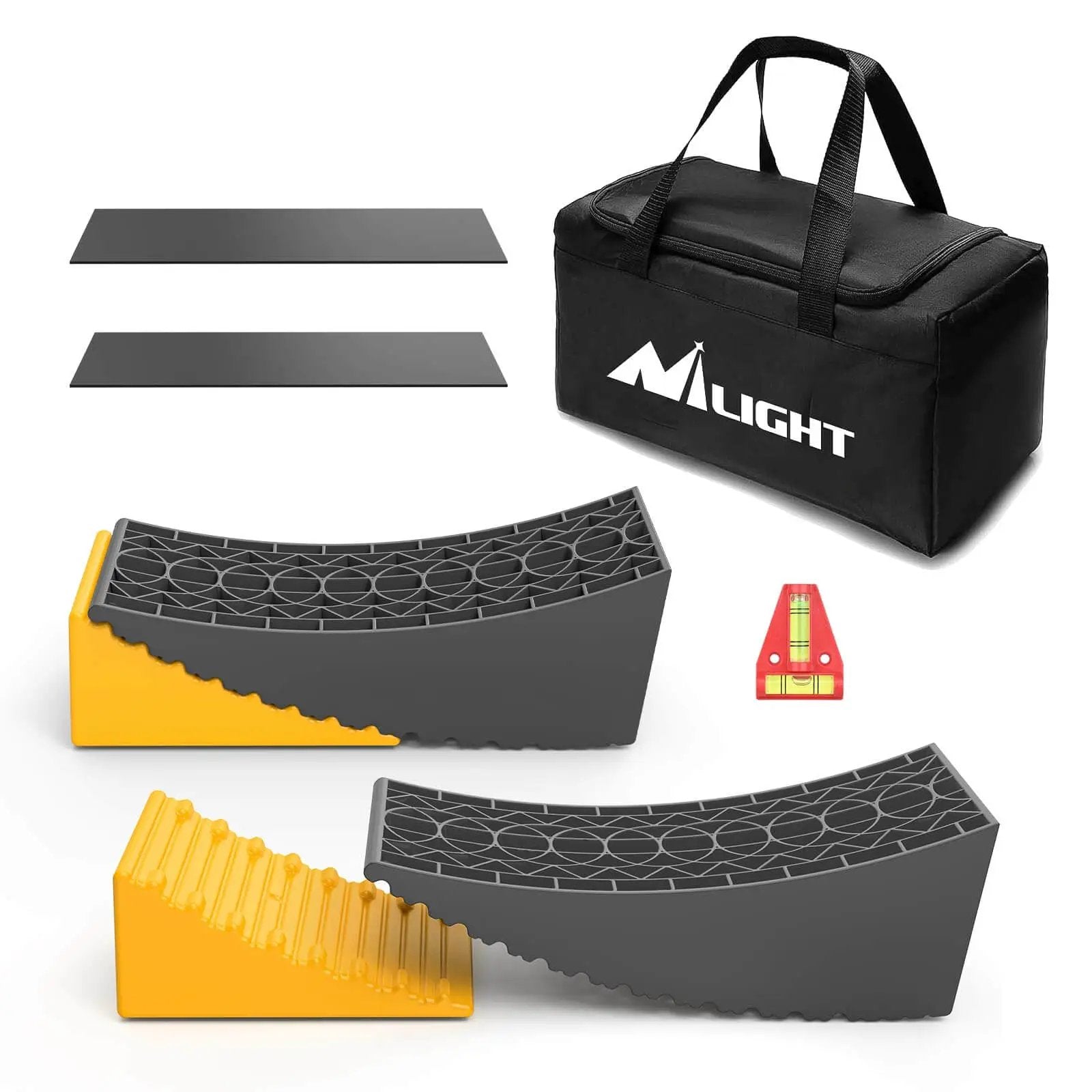 RV Leveling Blocks 2 Pack For Travel Trailers And Motorhomes By Nilight shown with carrying bag, black surface strips, yellow ramp blocks.