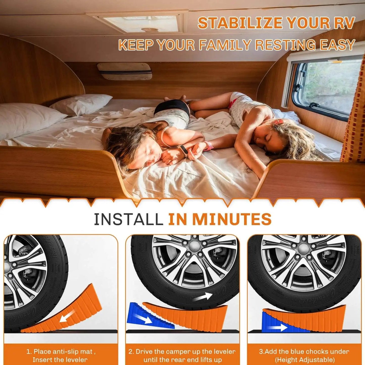 Heavy Duty RV Leveling Blocks Kit For Camper With Anti Slip Mats Two Pack Curved Design Up To 35000 Lbs For Travel Trailer Easier And Faster Leveling Today, installation steps displayed with family resting inside RV