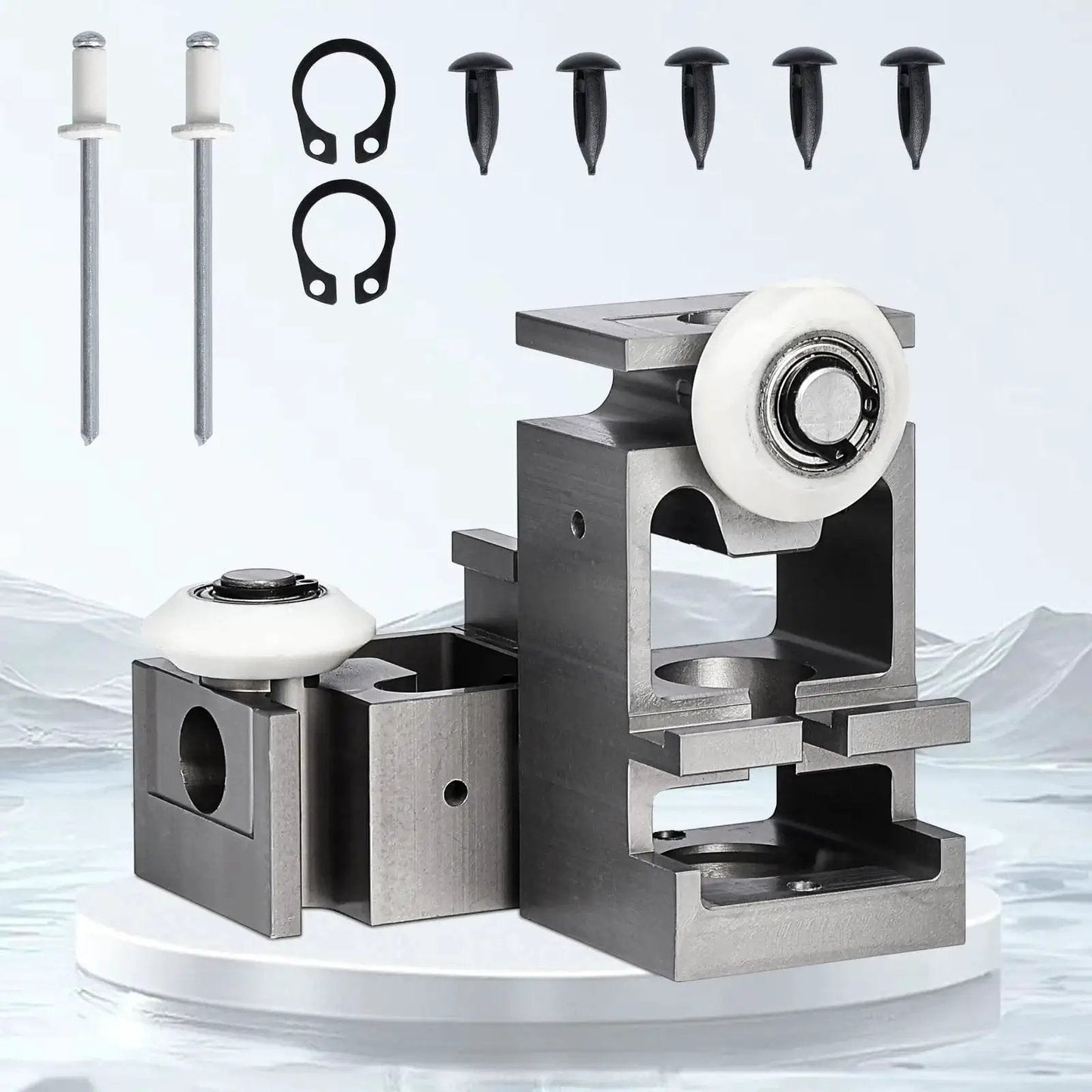 RV Schwintek Bearing Block Kit for In Wall Slide Outs with upper and lower aluminum blocks and V roller rivets, front view.