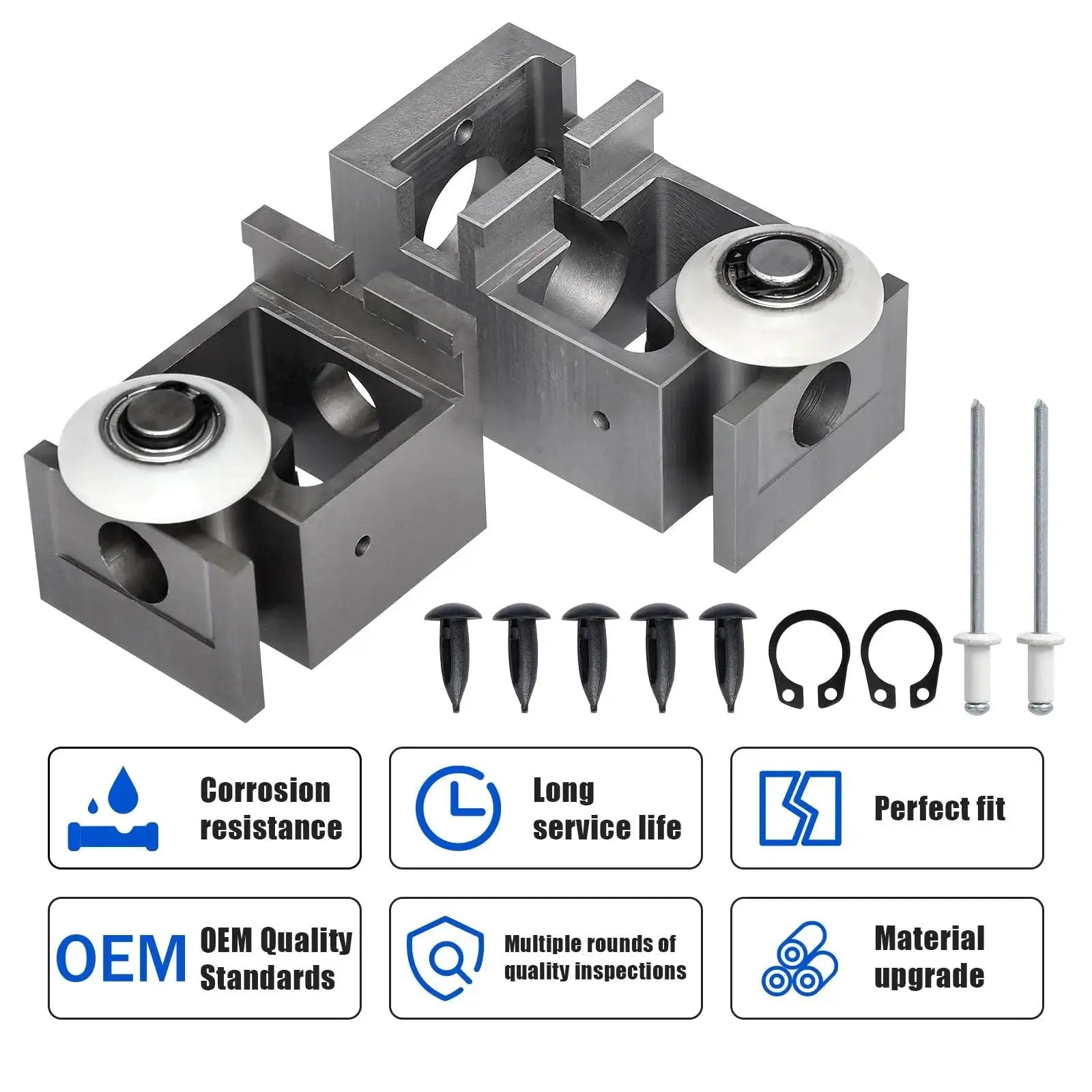 RV Schwintek Bearing Block Kit For In Wall Slide Outs With Upper And Lower Aluminum Blocks And V Roller Rivets displayed with parts
