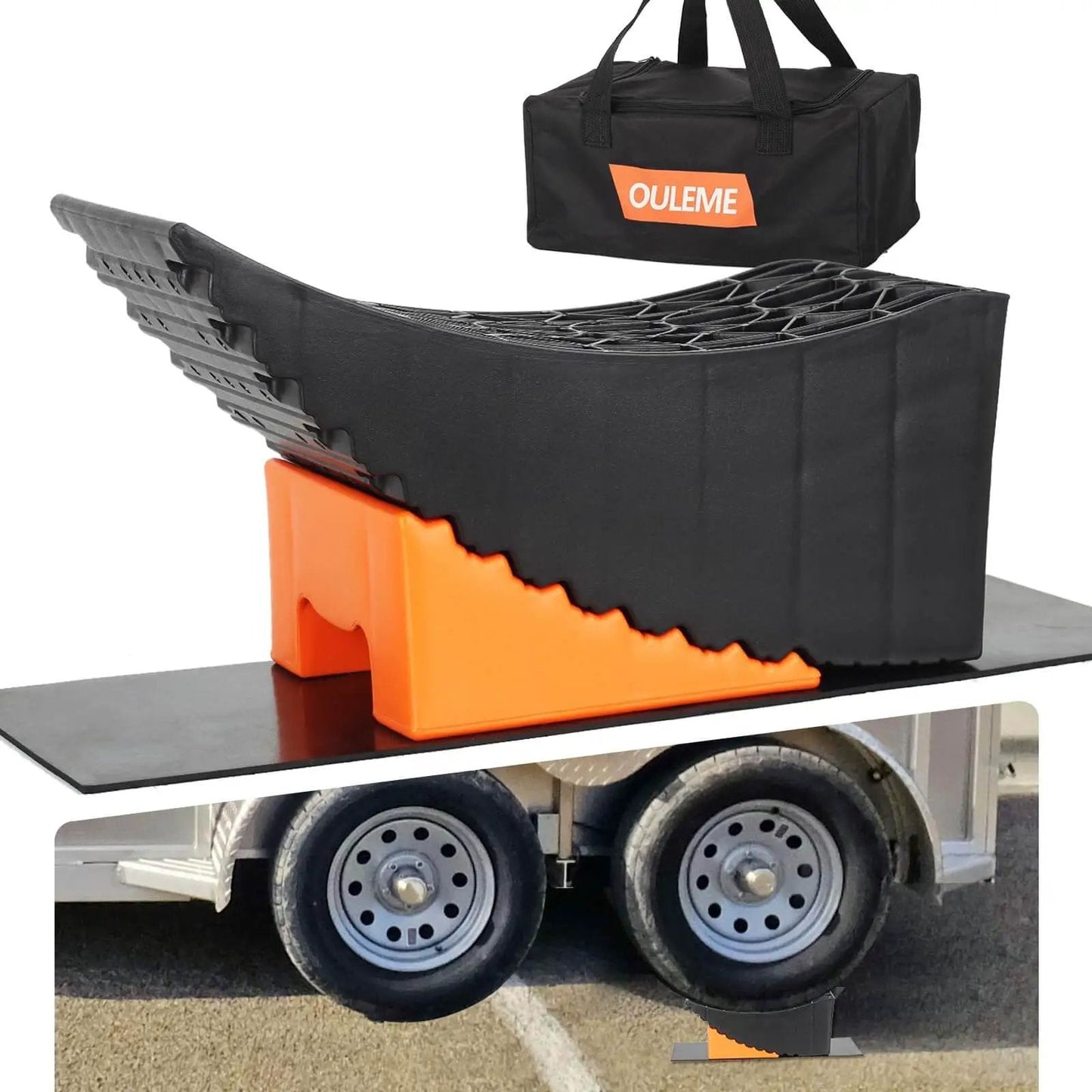 Raised Tire Change Ramp And Curved Leveling Blocks For RV And Trailer With Wheel Chock And Rubber Pad, 6 Inch Lift For Tandem Axle Lifts Up To 32 Inch Tires, Heavy Duty 35,000 Lb Capacity, UV Resistant Polymer Construction