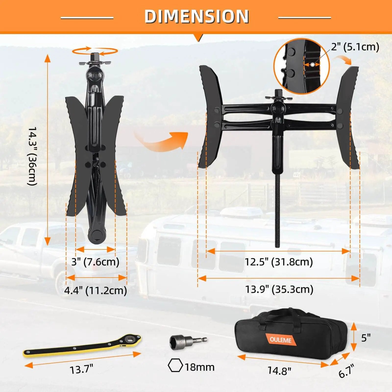Durable X Shaped RV Tire Stabilizer For Dual Axle Travel Trailers And Campers OULEME with dimensions and carrying case