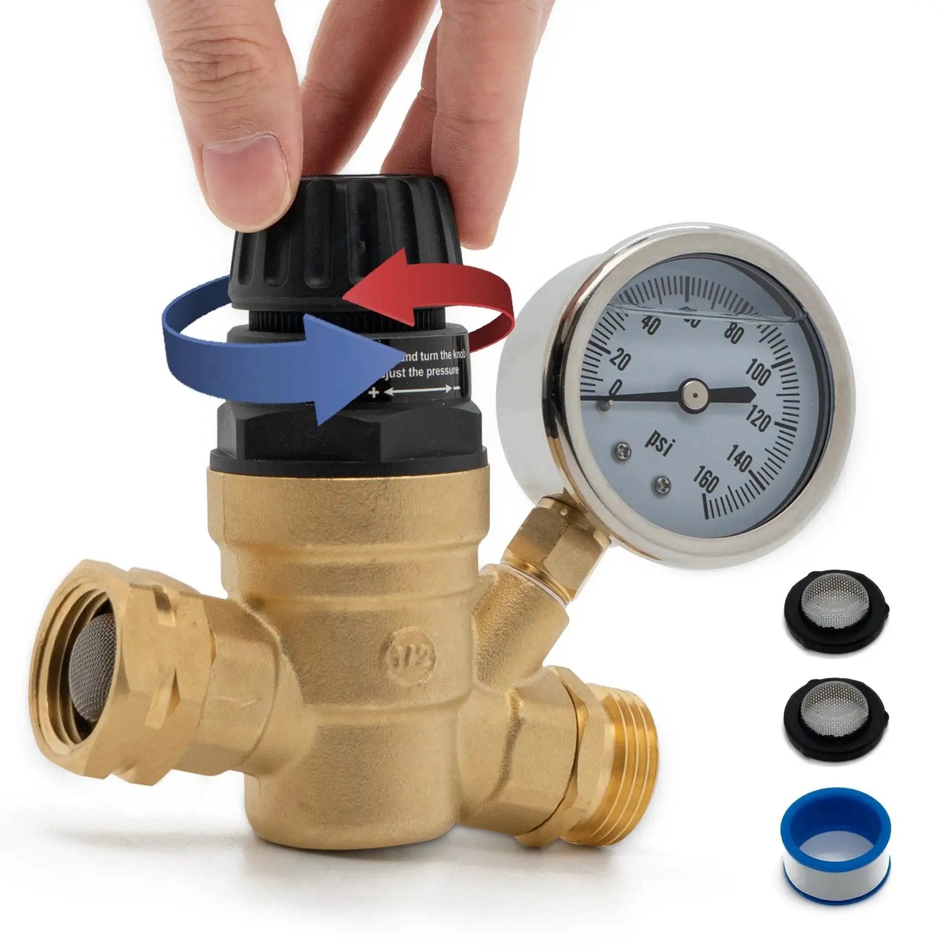 Adjustable Tool Free Water Pressure Regulator Valve With Gauge For RVs Campers Travel Trailers, brass body, 3/4 inch NH thread.