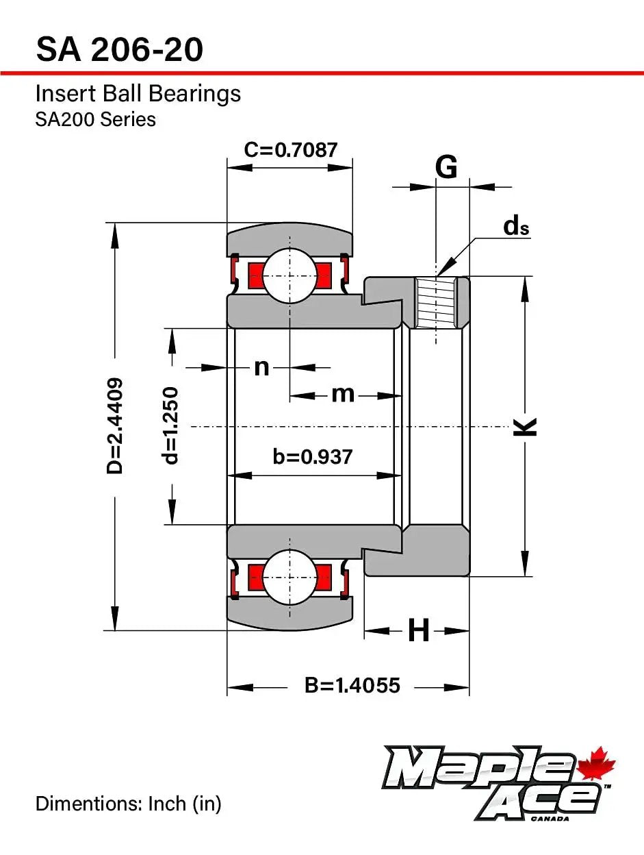 Technical diagram of SA206-20 Insert Bearing With One And One Quarter Inch Bore Spherical Outer Diameter Eccentric Locking Collar