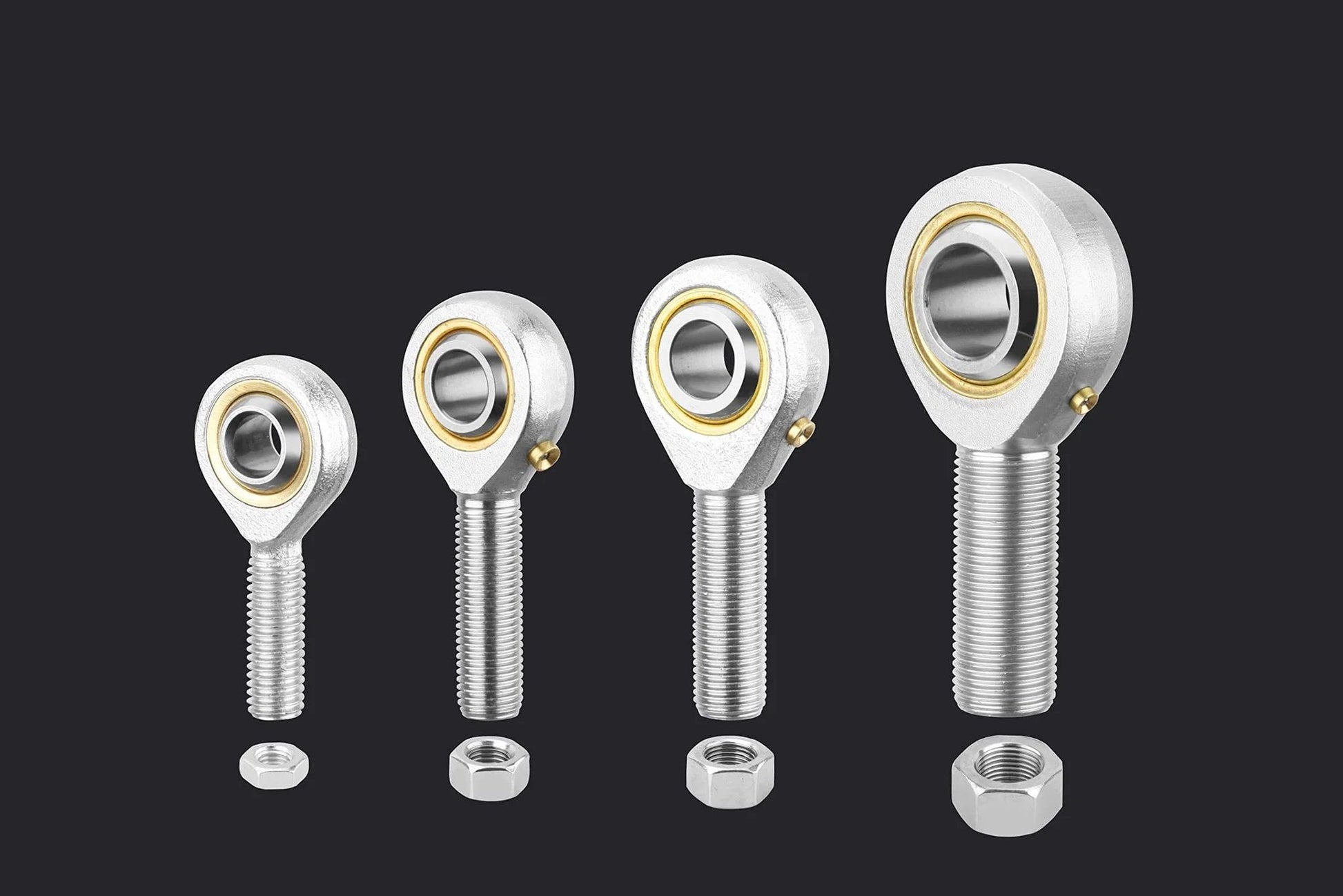 SA5T/K rod end bearing kit, 4 pcs with 5mm bore and M5x0.8 right hand male thread, self lubricating heim joints displayed on dark background