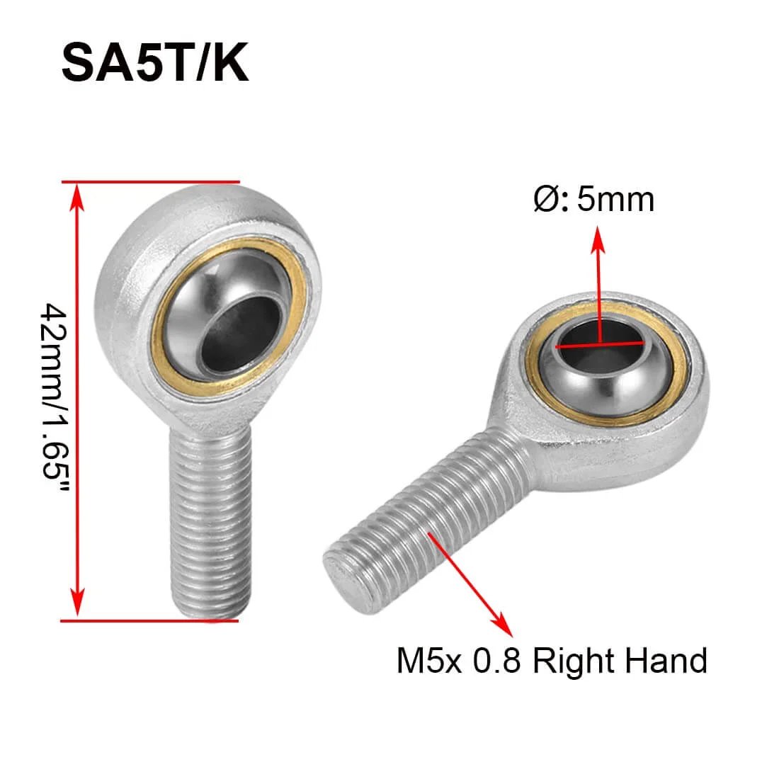 SA5T/K rod end bearing kit, 4 pcs with 5mm bore and M5x0.8 right hand male thread, heim joints shown with measurements