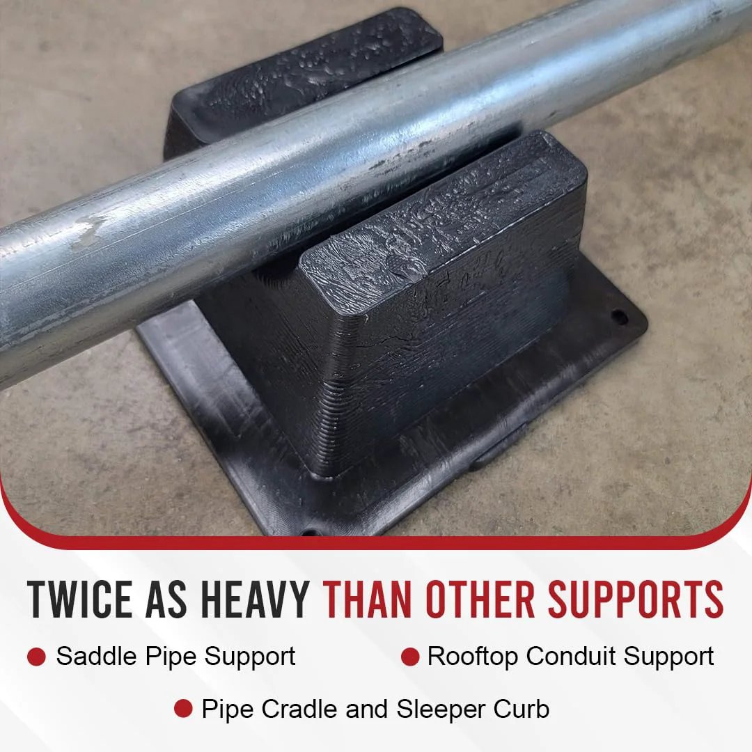 Close-up view of American Made 4 Pack Mini Rooftop Pipe Supports Set 6 By 6 By 3 Inch 300 Lbs Capacity UV Resistant durable pipe supports for conduit.