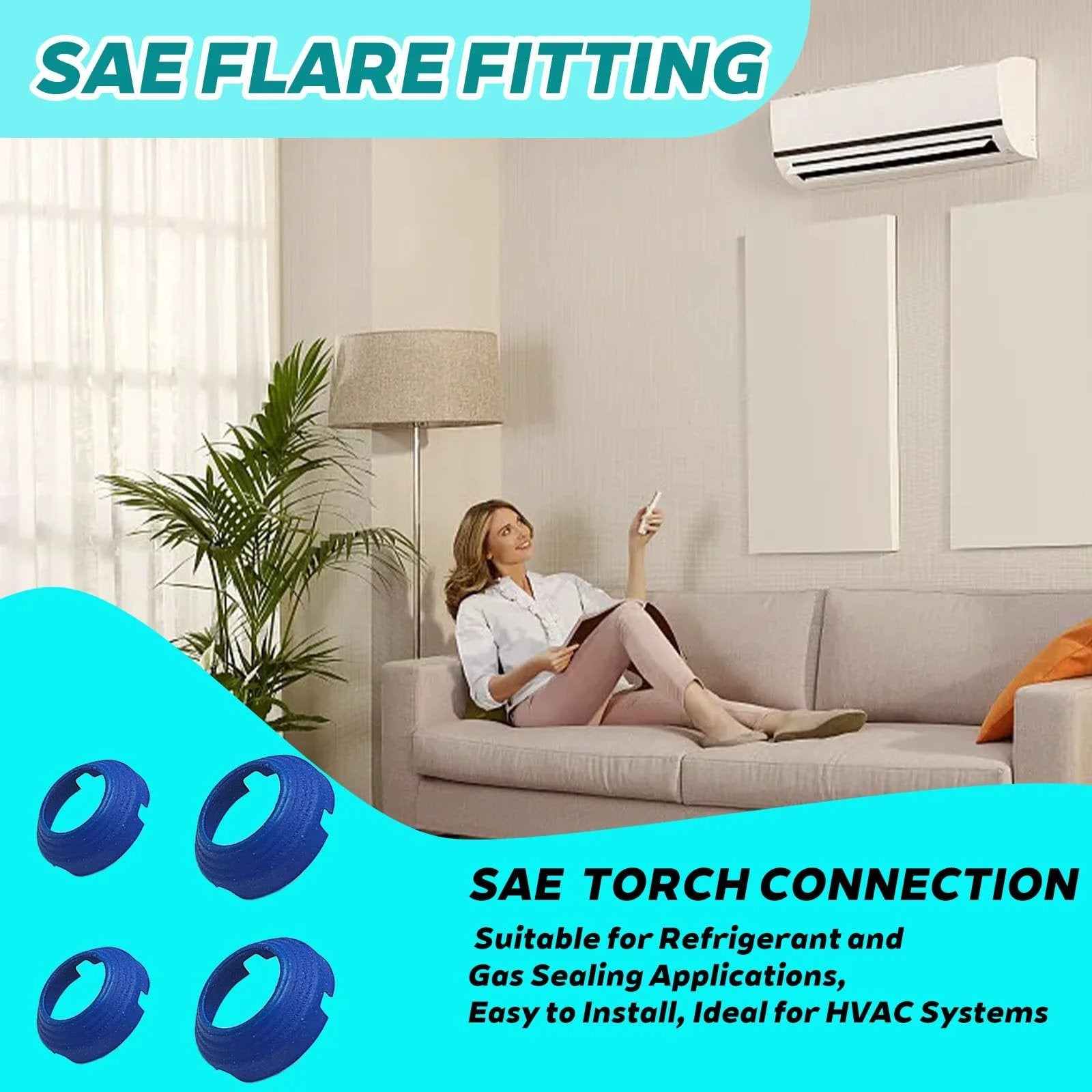 Leak Free SAE Flare Fitting Kit For HVAC And Refrigeration with blue seals displayed in use near an installed mini split AC system.