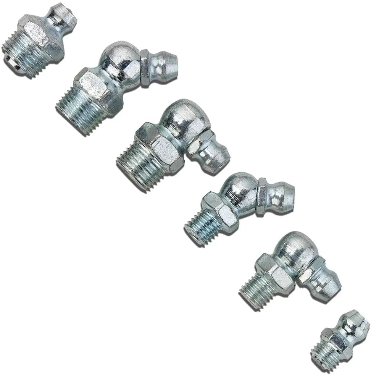 Grease Fitting Assortment Kit For Angled And Straight Zerks, 110 Pieces SAE A3 Steel Fittings laid out on white background