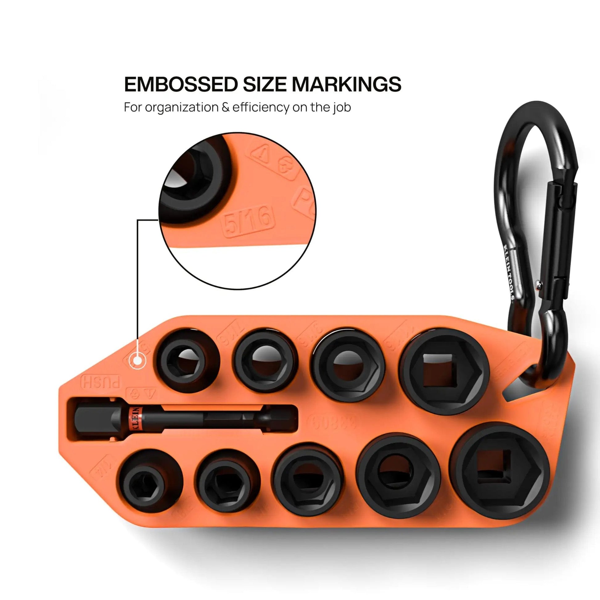 Grab And Go Impact Socket Set In SAE With Sleeve And Carabiner 10 Piece Drive Socket Kit Color Coded For Quick Access with close-up of size markings.