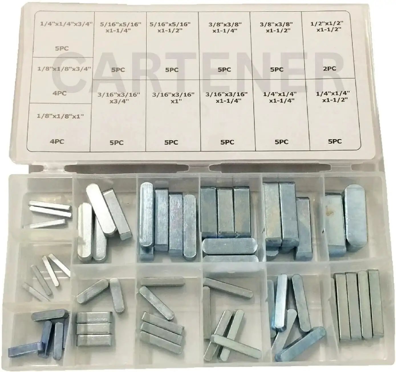 Keyway Key Stock Set 60 Piece SAE Key Stock Assortment in plastic box, includes 13 sizes for pulleys, gears, and sprockets to shafts