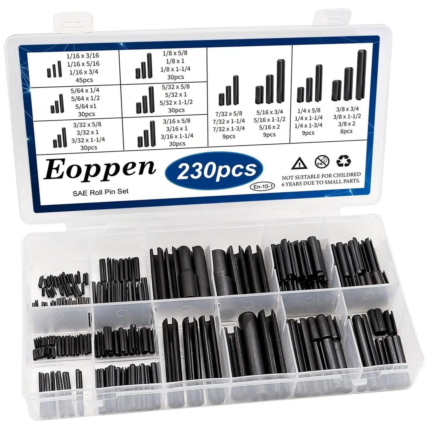 SAE Roll Pin Assortment Set With 230 Slotted Spring Pins In Ten Sizes from 1/16 to 3/8 inch, carbon steel, in a plastic case