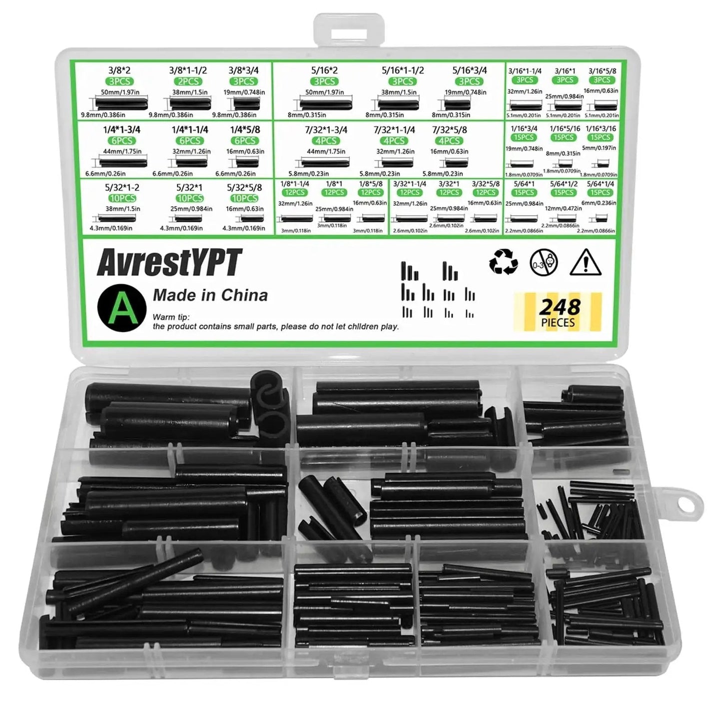 Ultimate 248 Piece SAE Roll Pin Assortment Set with 10 Sizes in storage case for automotive repairs and home projects