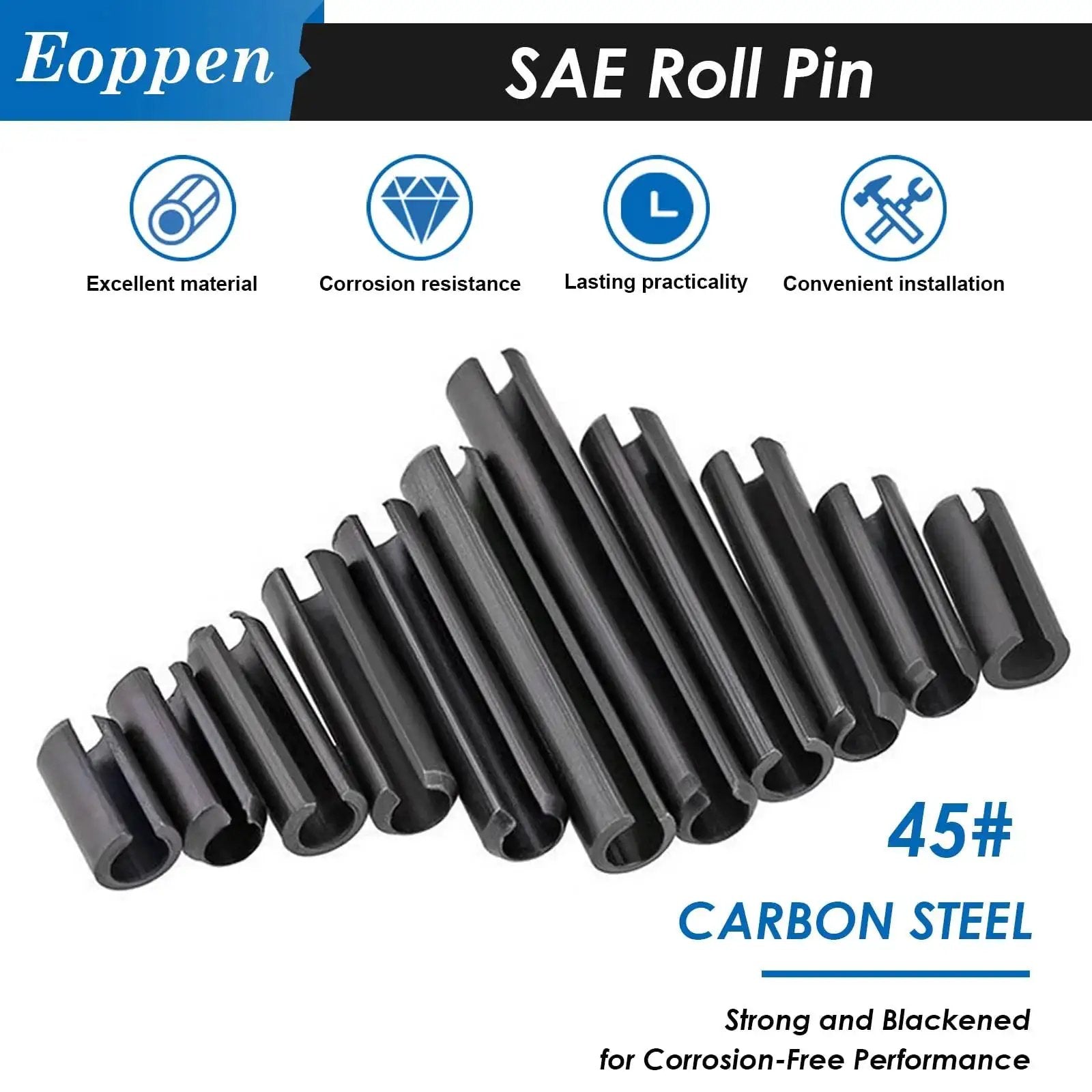 SAE Roll Pin Assortment Set With 230 Slotted Spring Pins arranged in size order, made from carbon steel with a black oxide finish for rust resistance.