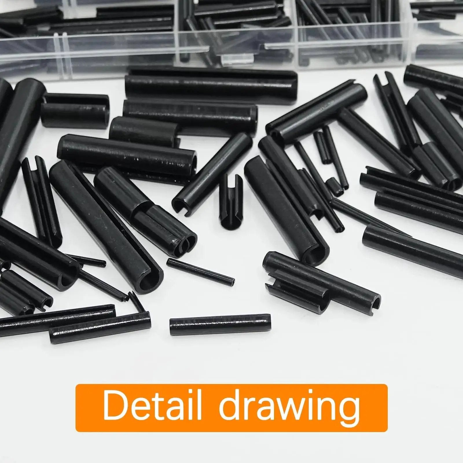 Close-up of black roll pins in the Ultimate 248 Piece SAE Roll Pin Assortment Set With 10 Sizes from 1/16 to 3/8 Inch for repair projects.