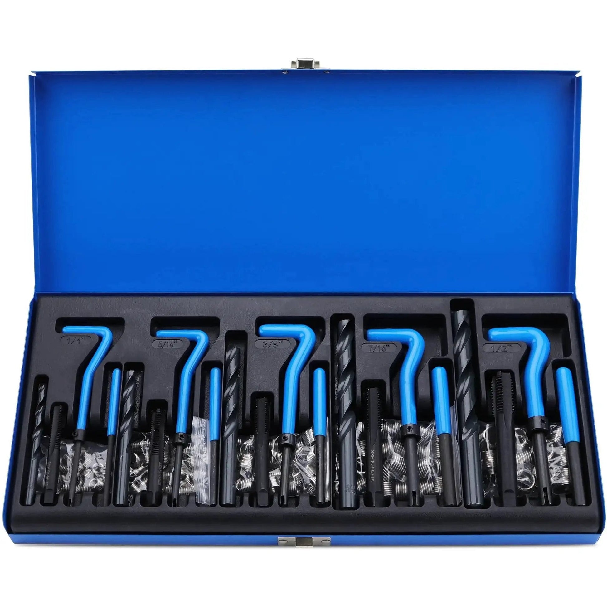 Open case of Pro Grade SAE Thread Repair Kit With Helicoil 131 Piece Set By SEDY including HSS drill bits, taps, and inserts.
