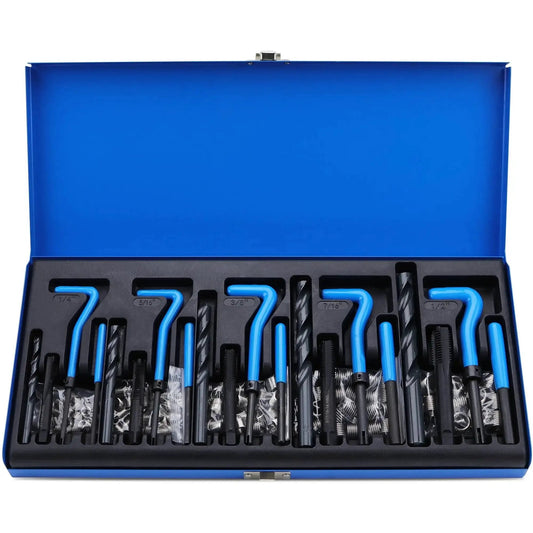 Open case of Pro Grade SAE Thread Repair Kit With Helicoil 131 Piece Set By SEDY including HSS drill bits, taps, and inserts.