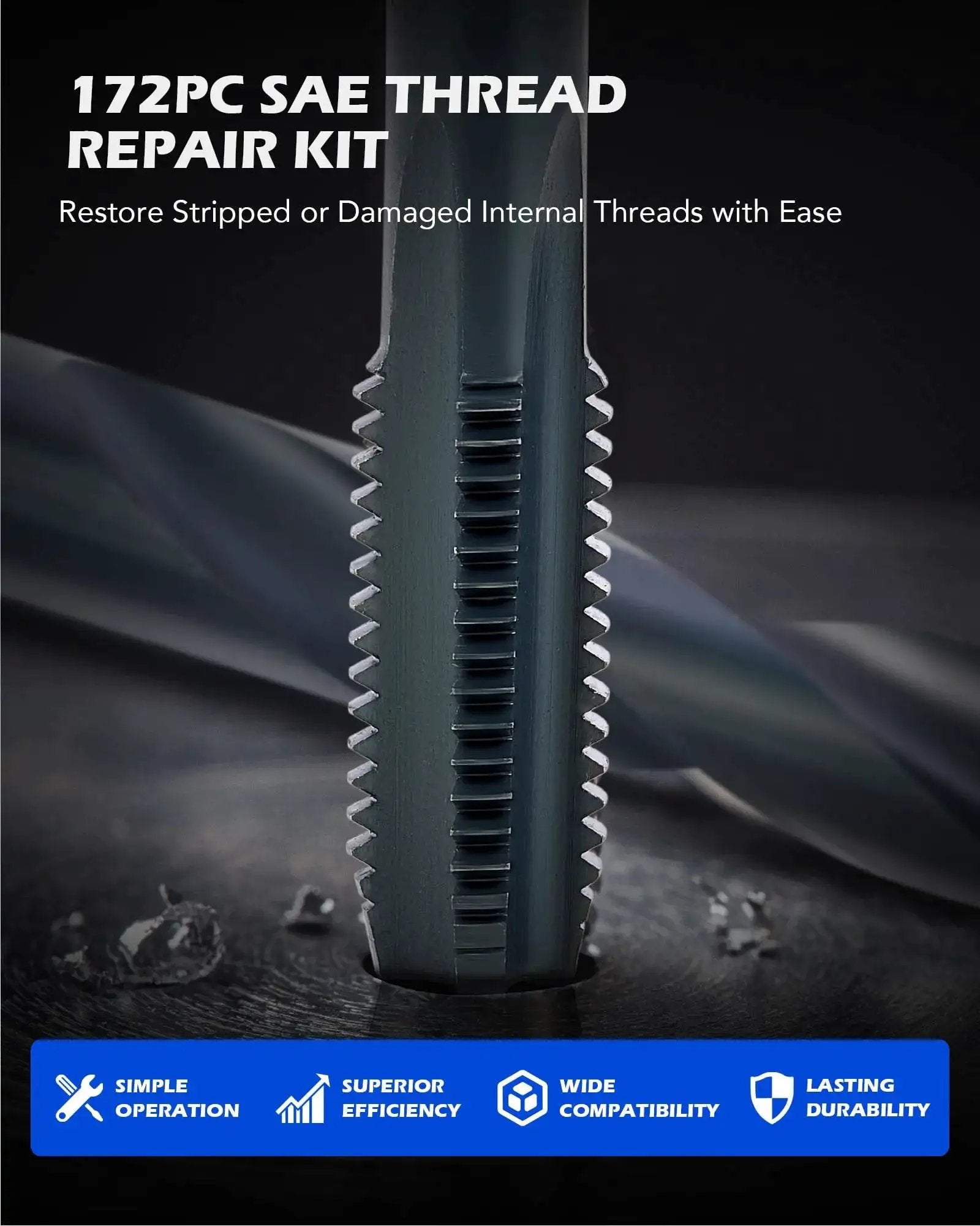 SAE Thread Repair Kit For Auto Repair 172 Piece Set With HSS Drill Bits Taps 150 Wire Thread Inserts And 10 Installation Tools graphic
