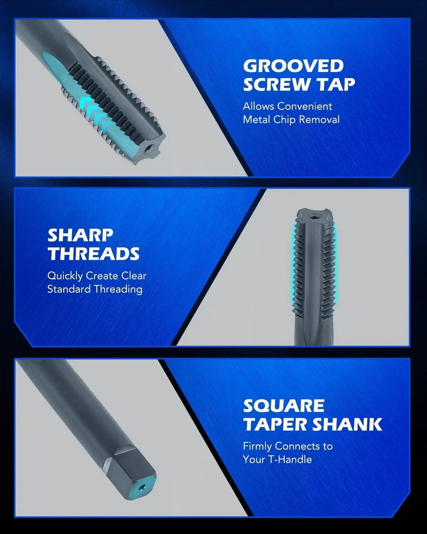 Illustration of tap tool features from SAE Thread Repair Kit For Auto Repair 172 Piece Set With HSS Drill Bits Taps 150 Wire Thread Inserts
